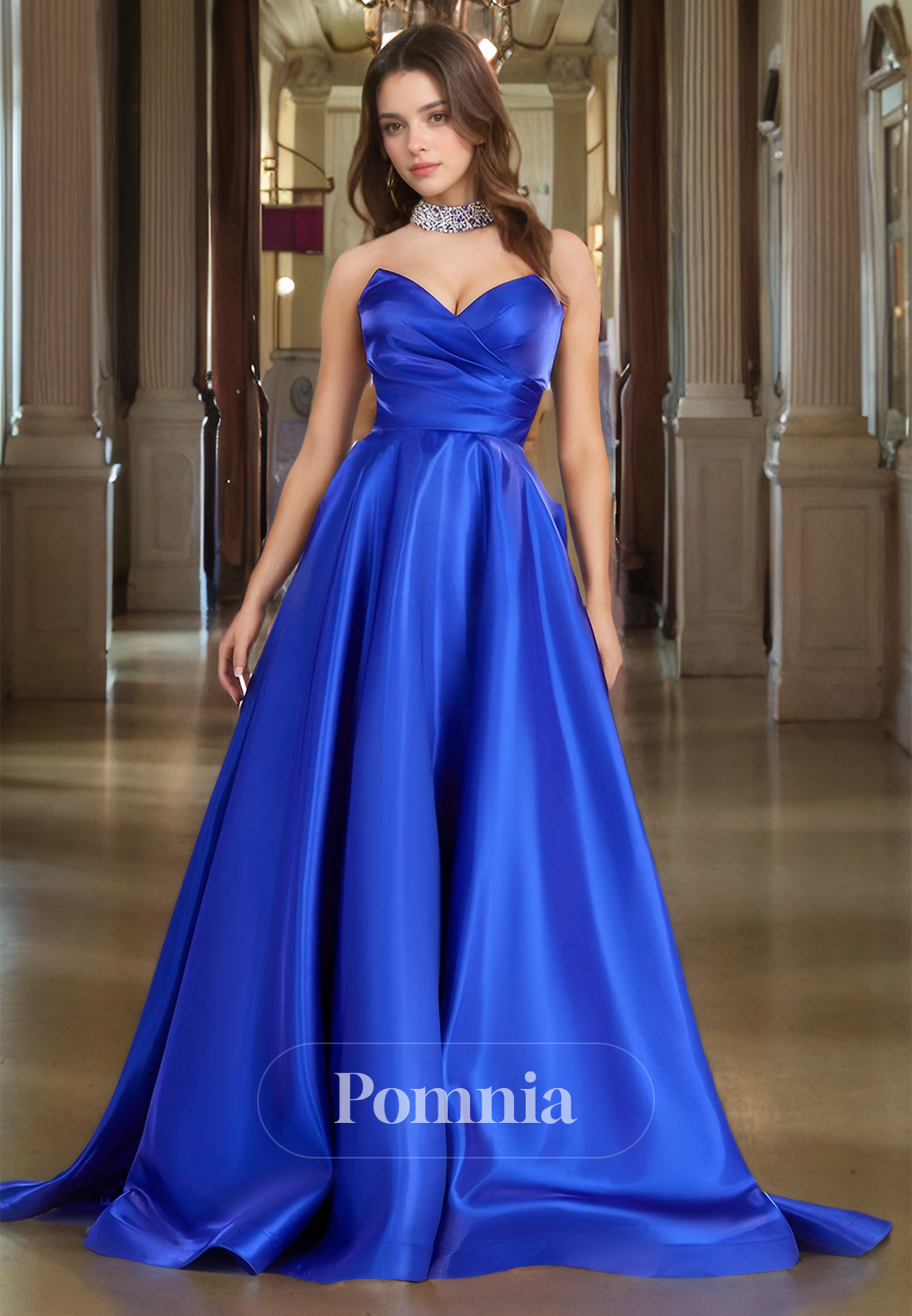 A-Line Strapless Sleeveless Prom Dress with Train Empire-Waist Evening Party Dress