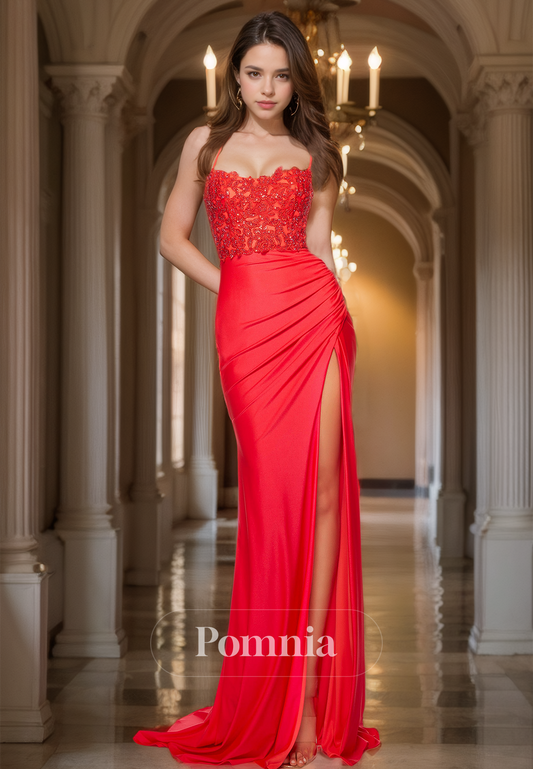 Red Mermaid Prom Dress with Side Slit Ruched Corset Tulle Evening Party Dress