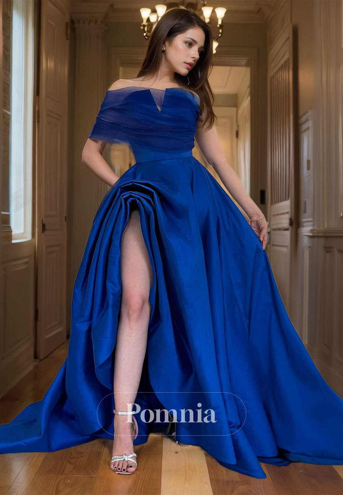 Royal Blue A-Line Off-Shoulder Evening Party Dress with Slit Ruched Prom Party Dress