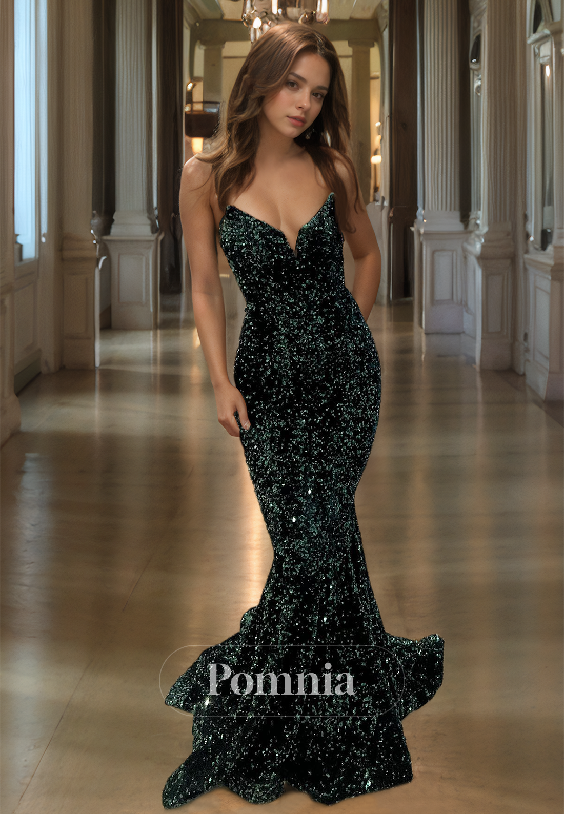 Black V-Neck Mermaid Evening Dress with Sequins Sleeveless Prom Party Dress