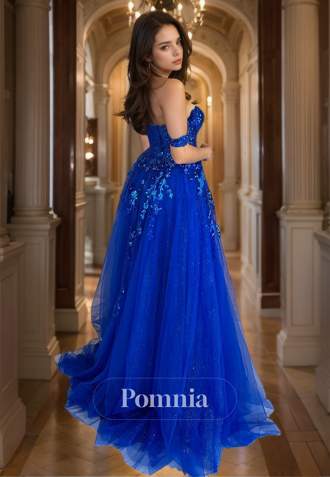 Royal Blue A-Line Prom Dress with Side Slit Sequins Corset Tulle Evening Party Dress