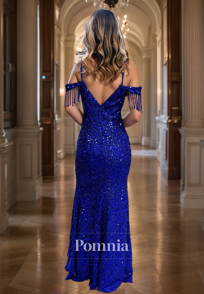 Royal Blue V-Neck Backless Prom Dress with Slit Sequins Evening Party Dress