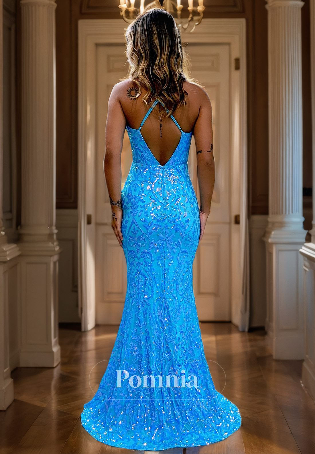 Pool Deep V-Neck Mermaid Party Dress with Sequins Spaghetti Straps Prom Party Dress