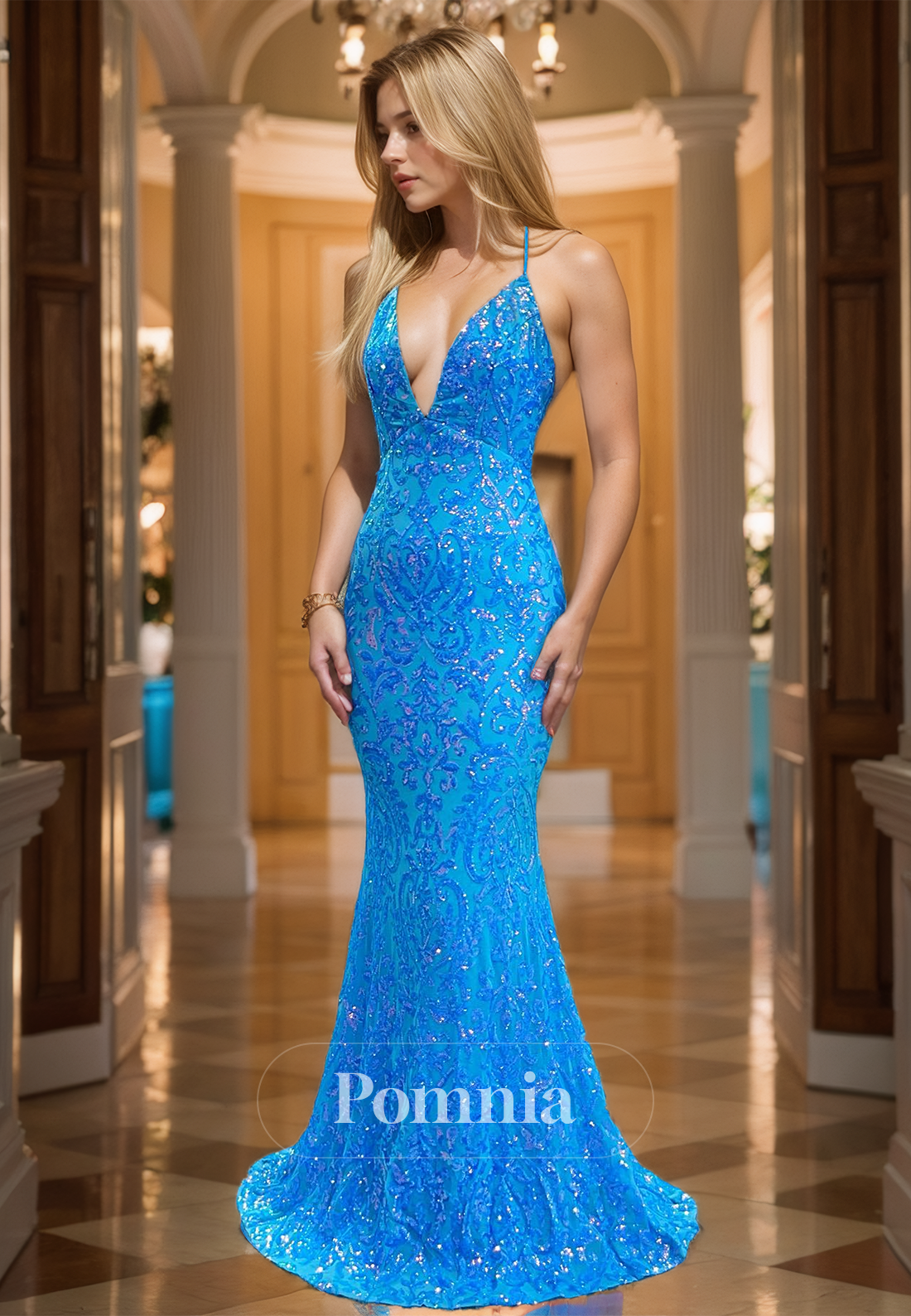 Pool Deep V-Neck Mermaid Party Dress with Sequins Spaghetti Straps Prom Party Dress