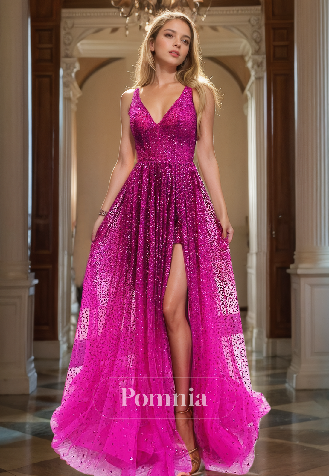 Fuchsia A-Line V-Neck Prom Dress with Slit Sequins Evening Party Dress