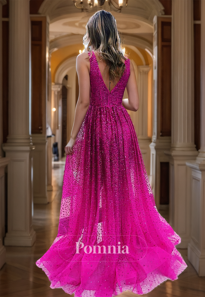 Fuchsia A-Line V-Neck Prom Dress with Slit Sequins Evening Party Dress