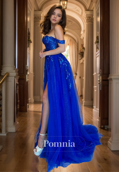 Royal Blue A-Line Prom Dress with Side Slit Sequins Corset Tulle Evening Party Dress