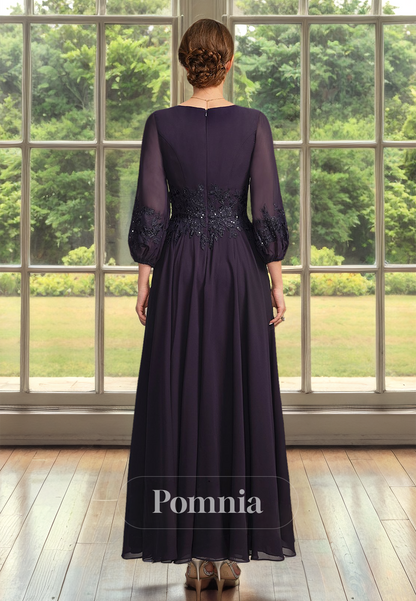 Neptune A-Line 3/4 Sleeves V-Neck Appliqued Chiffon Mother of the Bride Dress