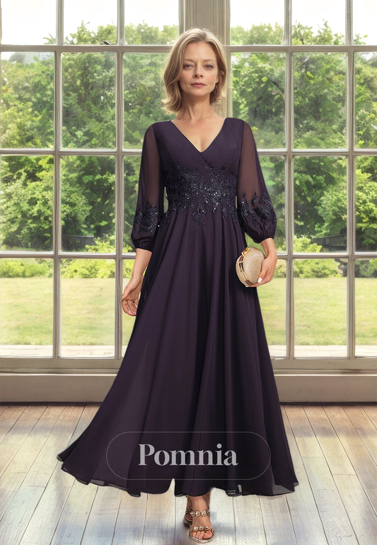 Neptune A-Line 3/4 Sleeves V-Neck Appliqued Chiffon Mother of the Bride Dress