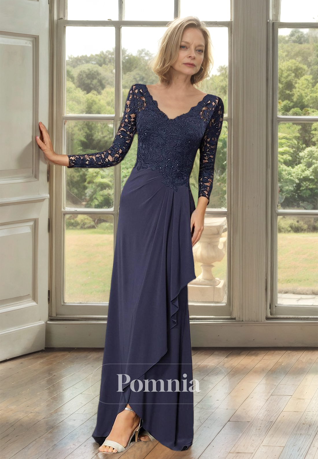 Dark Navy A-Line V-Neck Corset Tulle Long Sleeves Ruched Mother of the Bride Dress