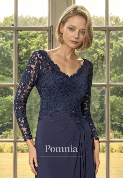 Dark Navy A-Line V-Neck Corset Tulle Long Sleeves Ruched Mother of the Bride Dress