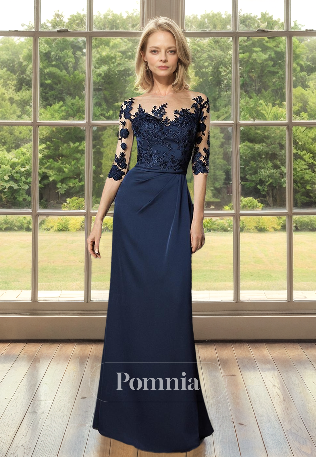 Chic 3/4 Sleeves Illusion Bateau Floral Appliqued Ruched Mother of the Bride Dress