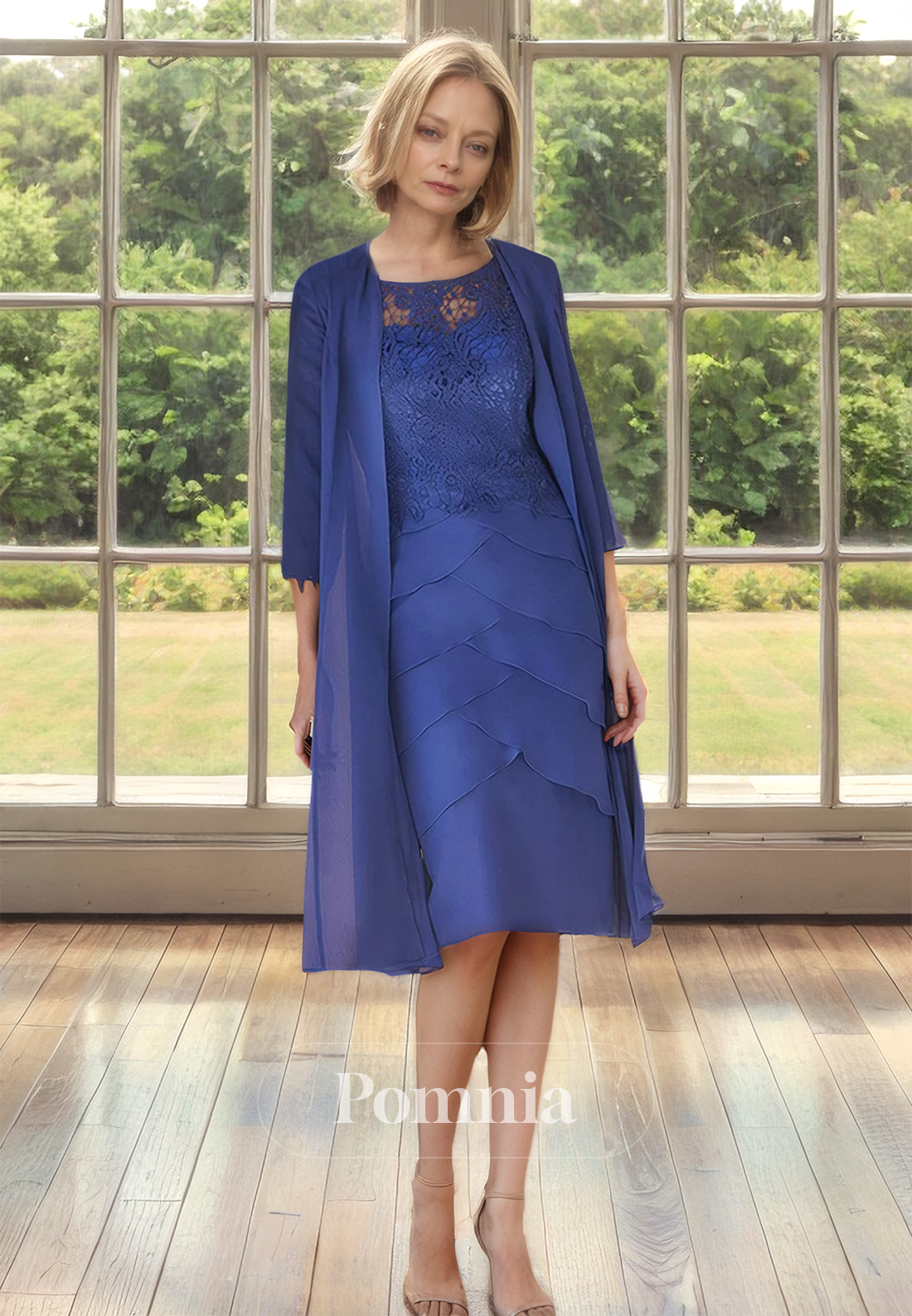 Ink Blue 3/4 Sleeves Illusion Scoop Short Ruffles Tiered Mother of the Bride Dress