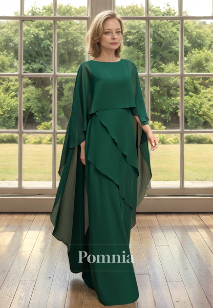 Dark Green A-Line Scoop Floor-Length Tiered Chiffon Mother of the Bride Dress