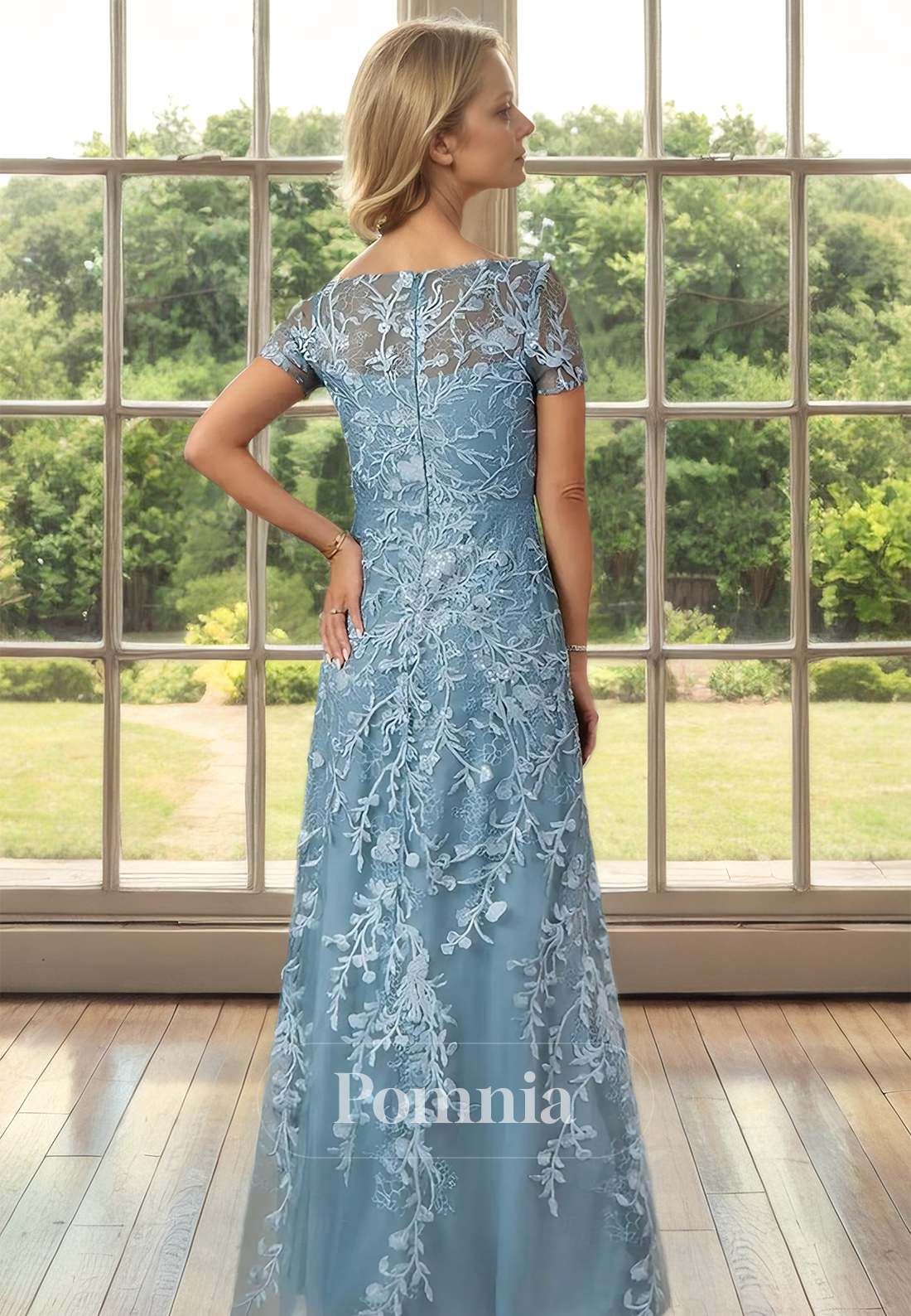 Mist Short Sleeves Bateau Floral Appliques Floor-Length Mother of the Bride Dress