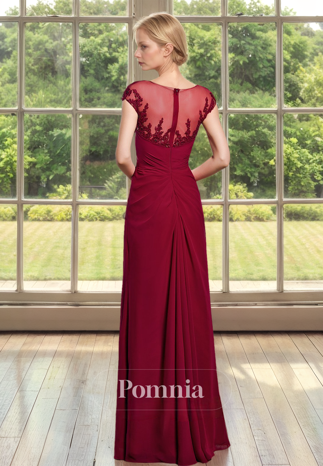 Burgundy Illusion Bateau Cap Sleeves Ruched Side Slit Mother of the Bride Dress