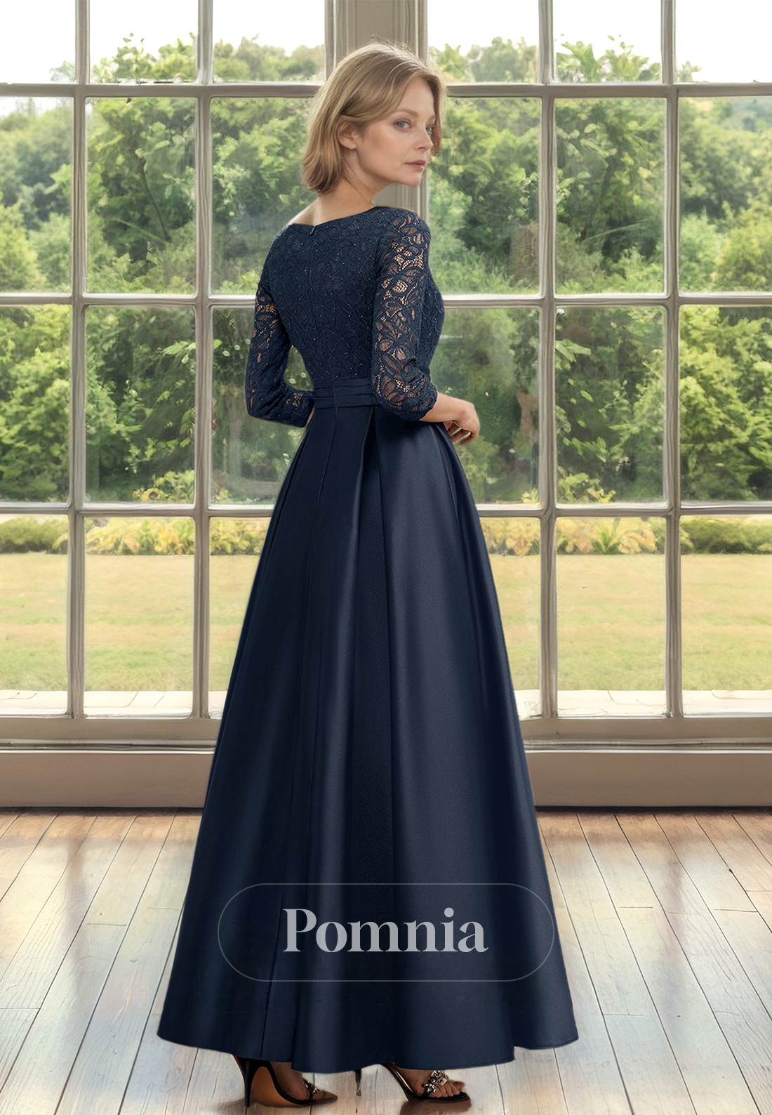 Dark Navy 3/4 Sleeves V-Neck Empire-Waist Satin Mother of the Bride Dress