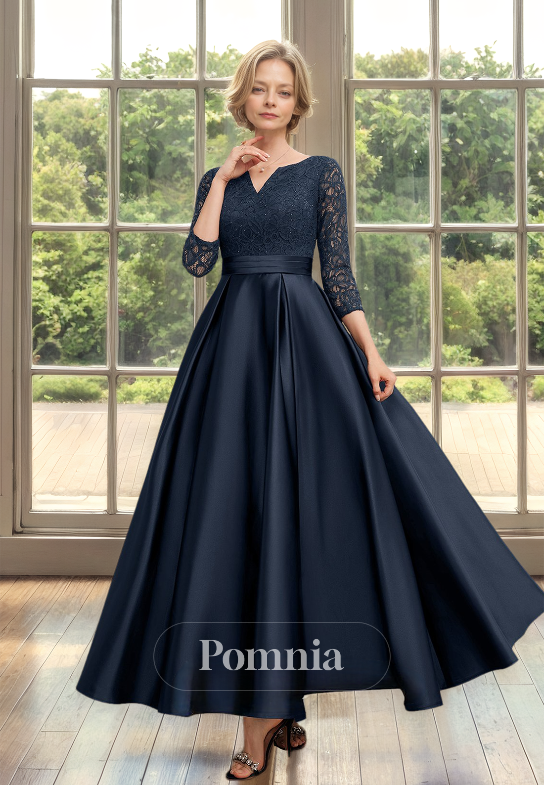 Dark Navy 3/4 Sleeves V-Neck Empire-Waist Satin Mother of the Bride Dress