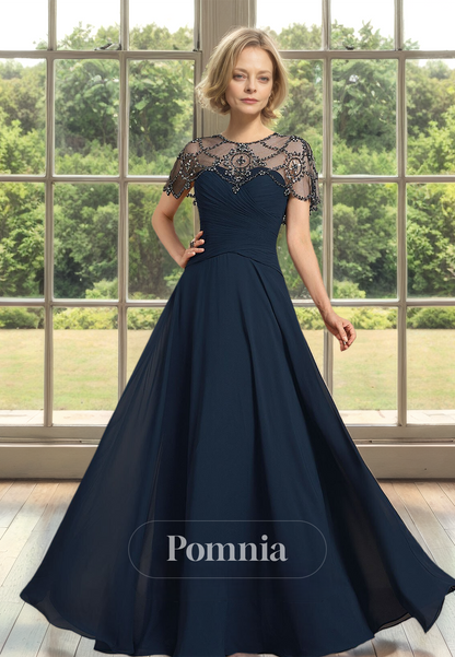 Dark Navy Illusion Short Sleeves Empire-Waist Ruched Satin Mother of the Bride Dress