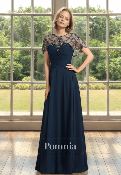 Dark Navy Illusion Short Sleeves Empire-Waist Ruched Satin Mother of the Bride Dress