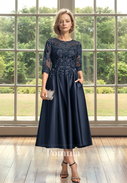 Dark Navy A-Line 3/4 Sleeves Floral Corset Tulle Ruched Short Satin Mother of the Bride Dress