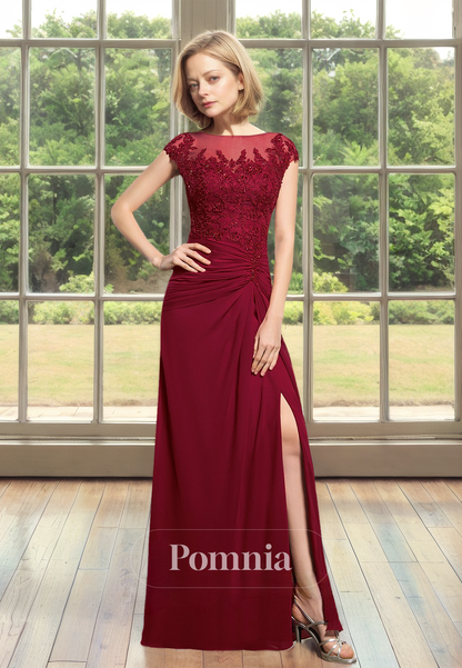 Burgundy Illusion Bateau Cap Sleeves Ruched Side Slit Mother of the Bride Dress