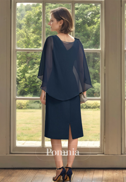 Elegant Dark Navy A-Line Beaded Chiffon Cape Short Mother of Bride Dress