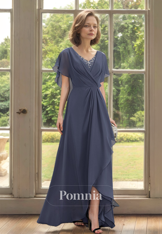 A-Line Short Sleeves V-Neck Ruched Empire-Waist Mother of Bride Dress