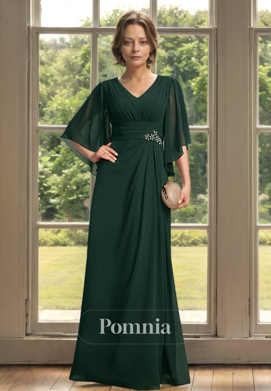 Pine 3/4 Sleeves V-Neck Beaded Empire-Waist Long Mother of Bride Dress