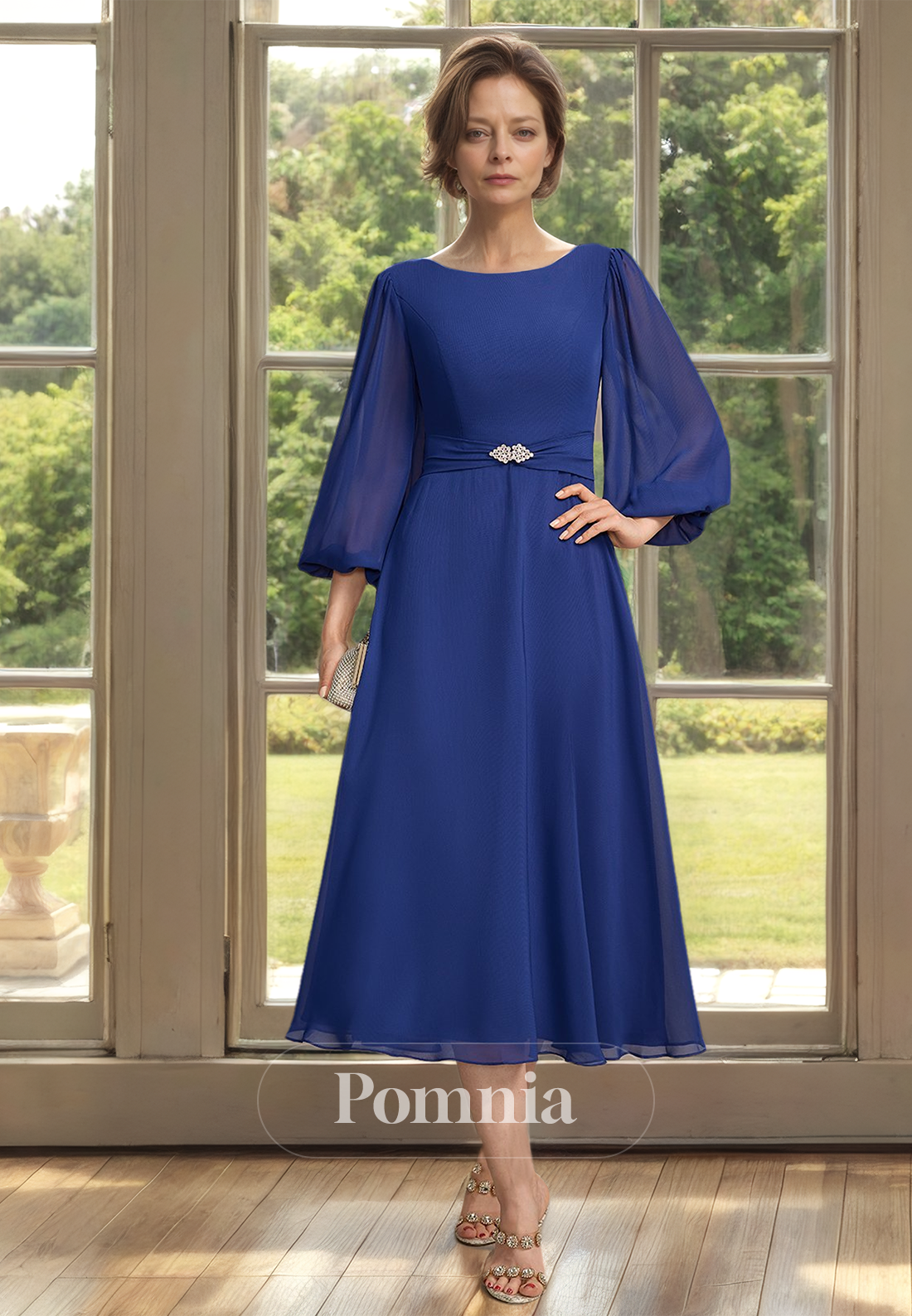 Royal Blue Long Sleeves Scoop Beaded Empire-Waist Mother of Bride Dress