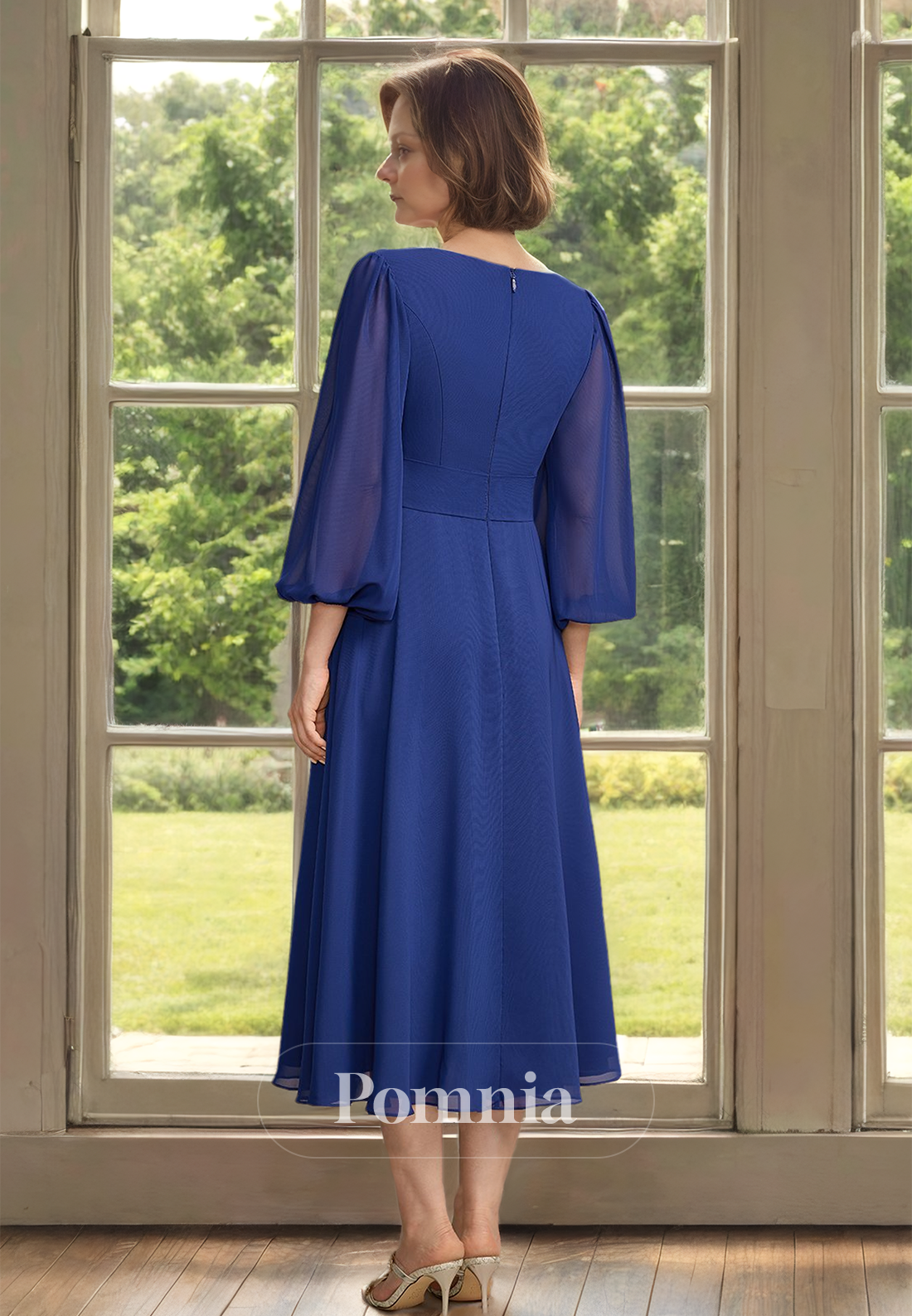 Royal Blue Long Sleeves Scoop Beaded Empire-Waist Mother of Bride Dress