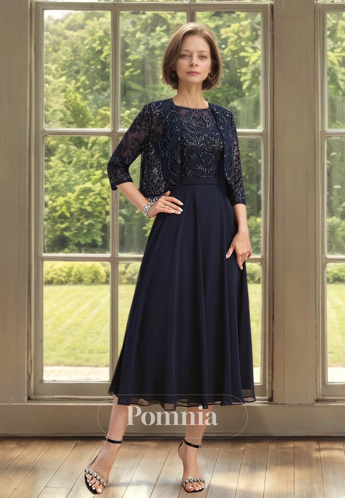 Elegant Scoop Empire-Waist Chiffon Short Mother of Bride Dress with Lace Coat