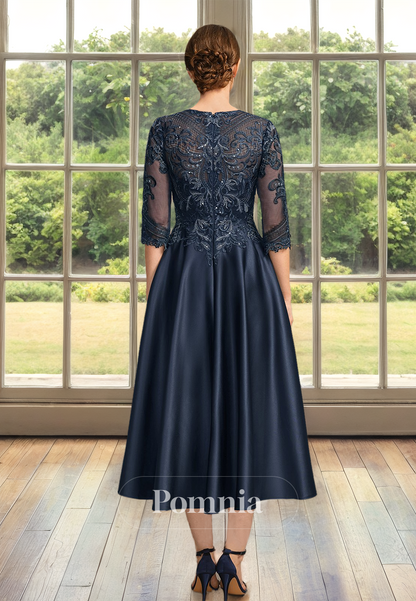 Dark Navy A-Line 3/4 Sleeves Floral Corset Tulle Ruched Short Satin Mother of the Bride Dress