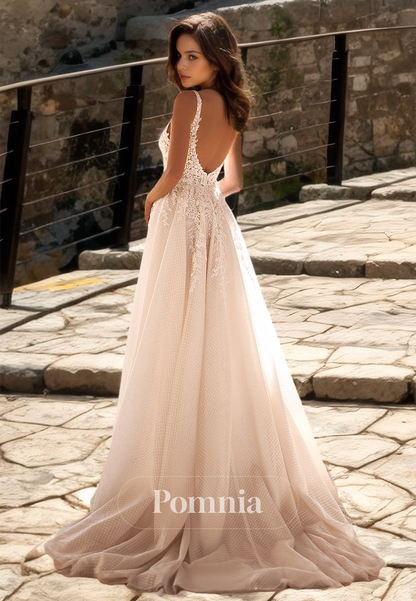 Spaghetti Straps Illusion V-Neck Slit Backless Lace Beach Wedding Dress