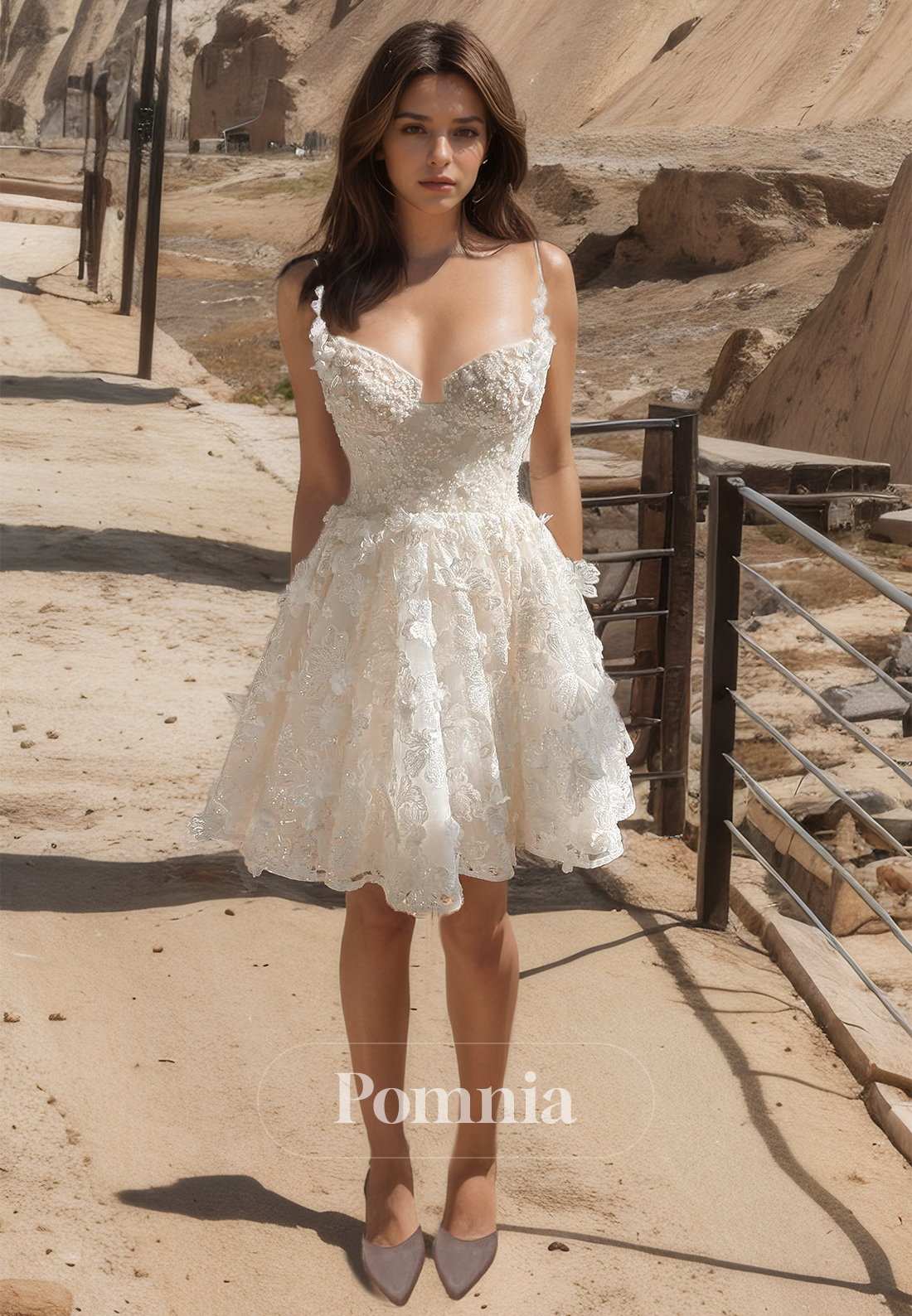 A-Line Spaghetti Straps Sweetheart Floral Appliques Short Lace Wedding Dress