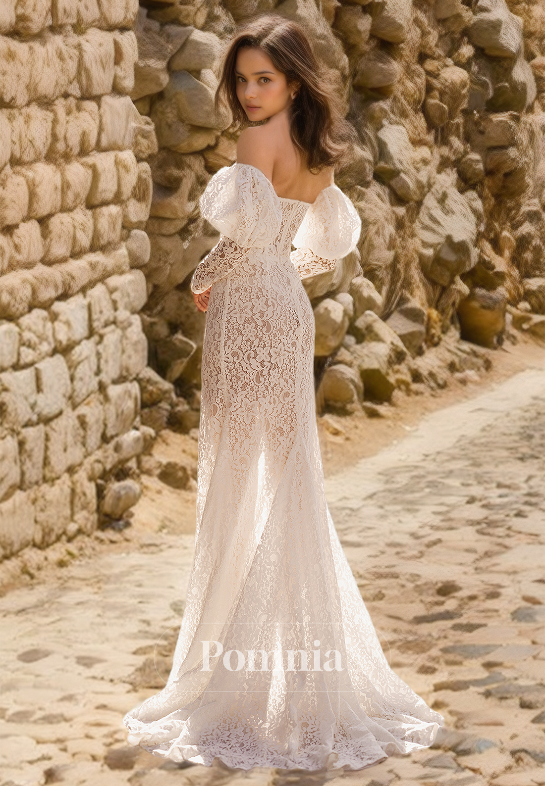 Elegant Sheath Off-Shoulder Long Sleeves Side Slit Backless Lace Boho Wedding Dress