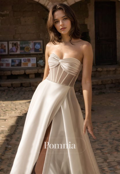 A-Line Strapless Sleeveless Corset Tulle Side Slit Satin Wedding Dress