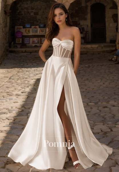 A-Line Strapless Sleeveless Corset Tulle Side Slit Satin Wedding Dress