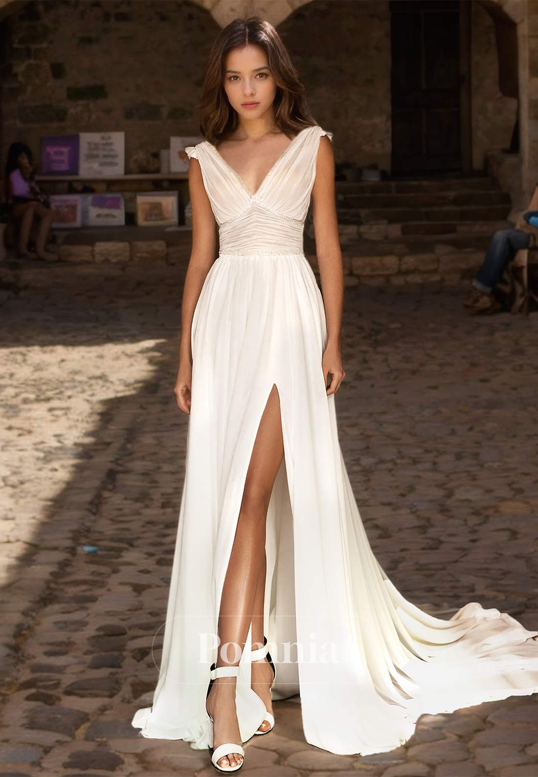 Elegant Deep V-Neck Corset Side Slit Court Train Beach Wedding Dress