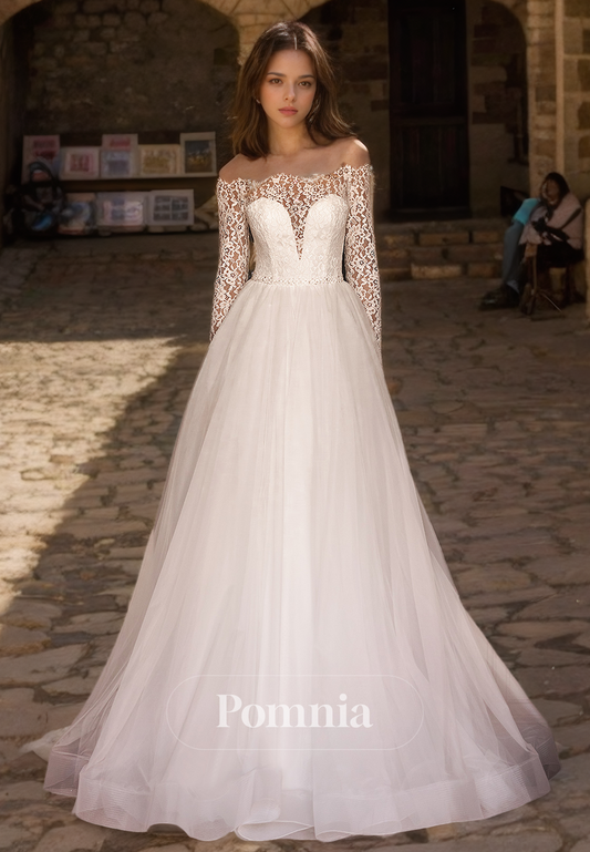 A-Line Long Sleeves Off-Shoulder Empire-Waist Lace Wedding Dress