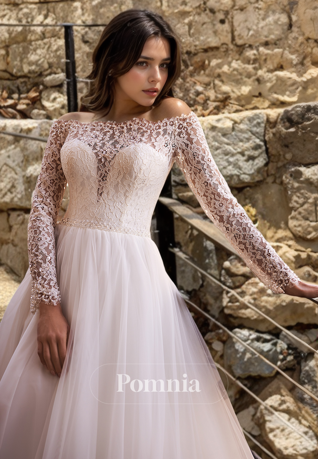 A-Line Long Sleeves Off-Shoulder Empire-Waist Lace Wedding Dress