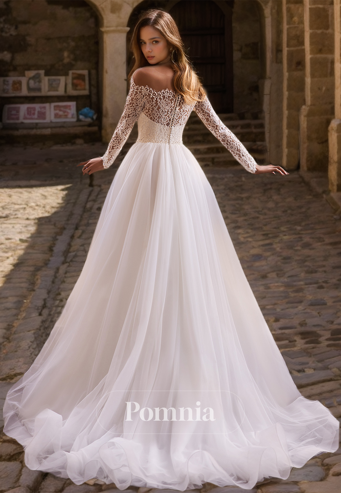 A-Line Long Sleeves Off-Shoulder Empire-Waist Lace Wedding Dress