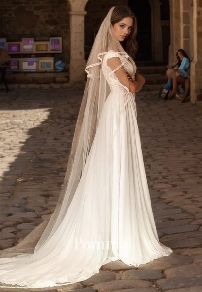 Elegant Deep V-Neck Corset Side Slit Court Train Beach Wedding Dress