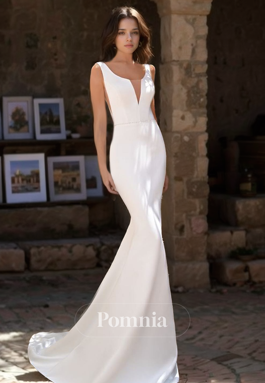 Elegant Spaghetti Straps Illusion Scoop Satin Mermaid Wedding Dress