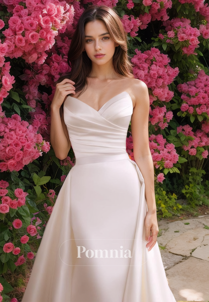 Mermaid Sweetheart Sleeveless Detachable Train Ruched Satin Wedding Dress