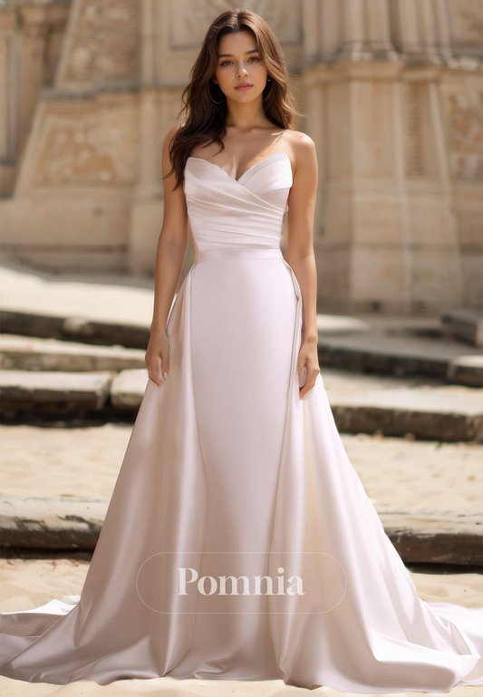 Mermaid Sweetheart Sleeveless Detachable Train Ruched Satin Wedding Dress