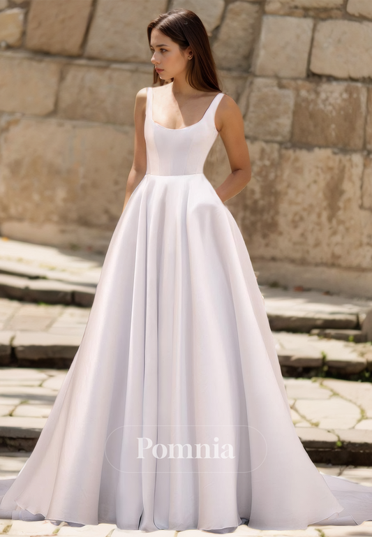 A-Line Spaghetti Straps Square Court Train Empire-Waist Satin Wedding Dress