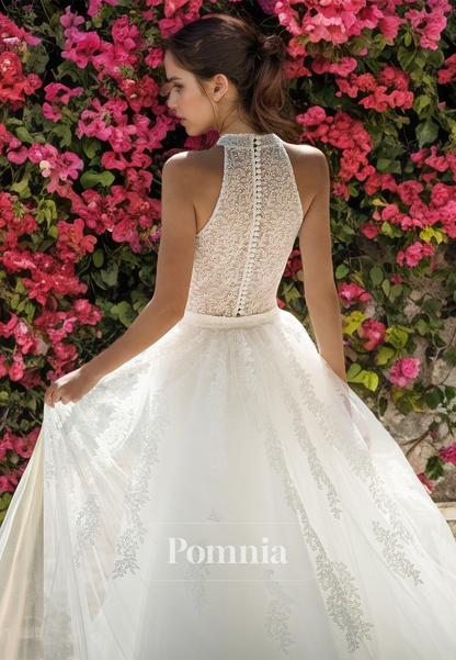 Elegant Halter Sleeveless Empire-Waist Illusion Corset Tulle Boho Wedding Dress