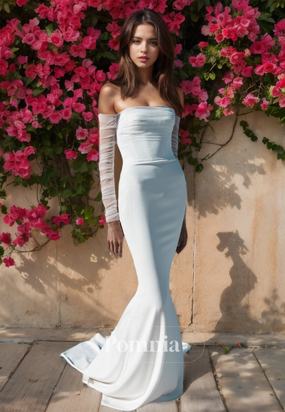 Simple Off-Shoulder Long Sleeves Backless Mermaid Wedding Dress