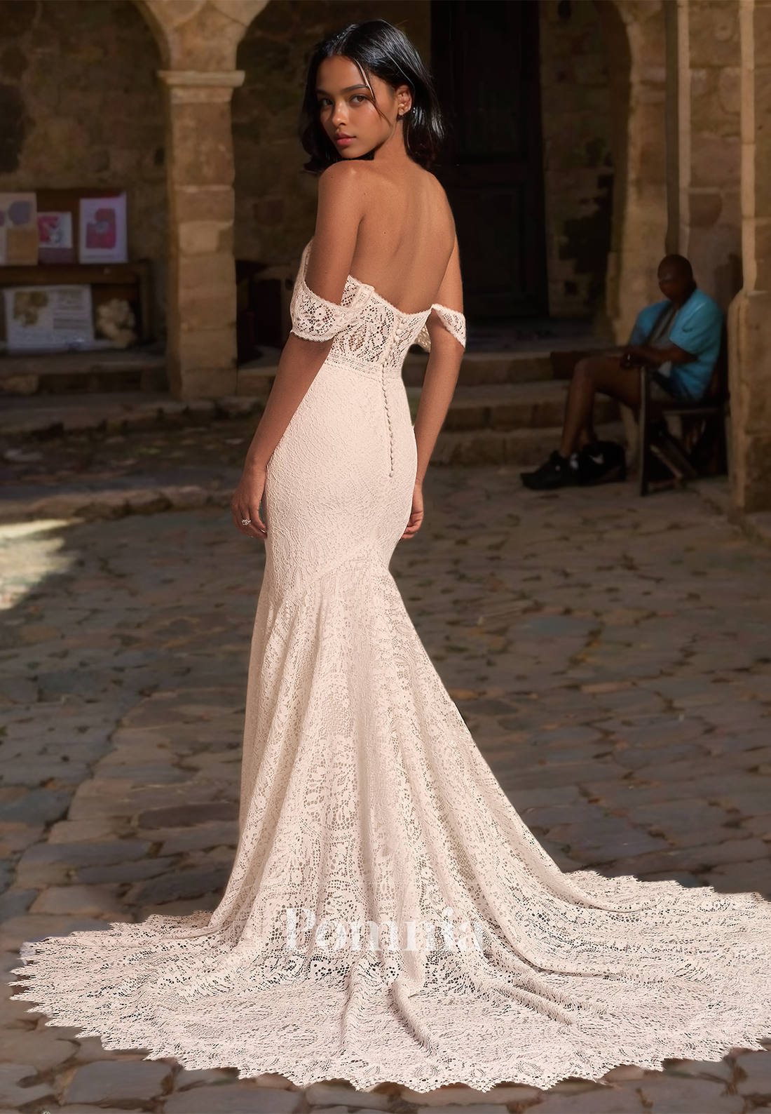 Charming Mermaid Off-Shoulder Backless Sweep Train Boho Lace Wedding Dress